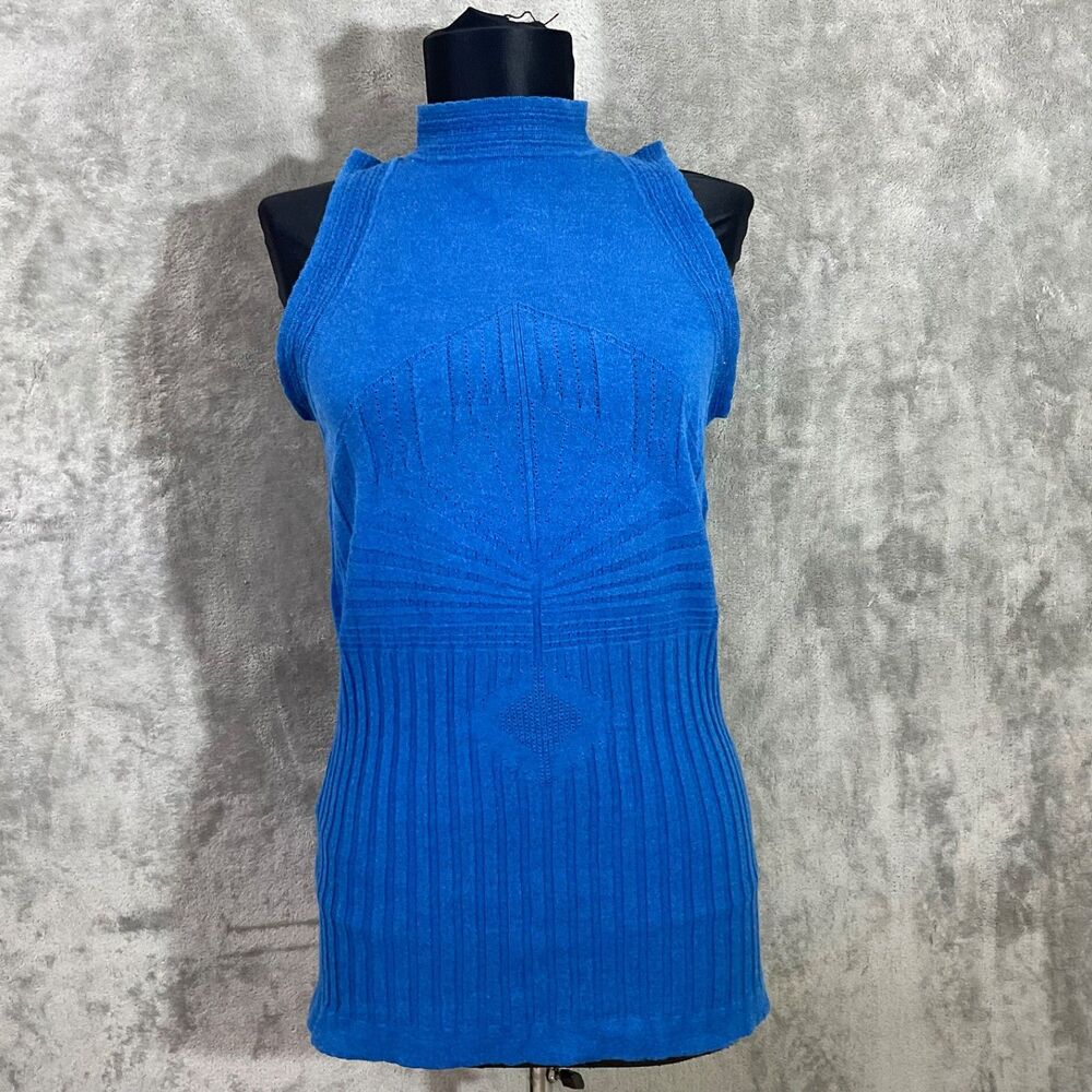 Y2K Cache Silk Blend ribbed High neck  Halter Top Size L electric blue knit